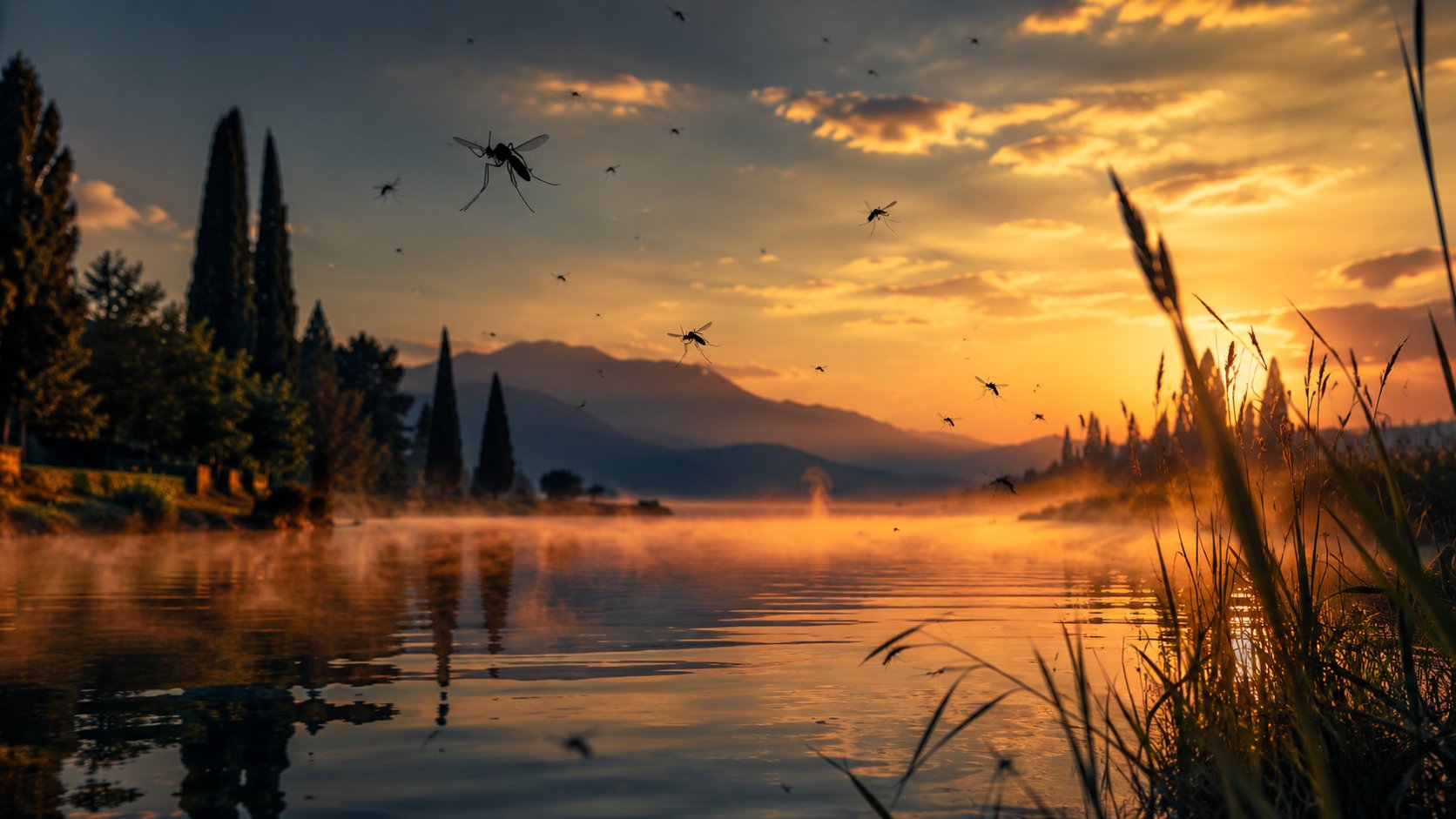 Europäischer See bei Sonnenuntergang mit Mücken