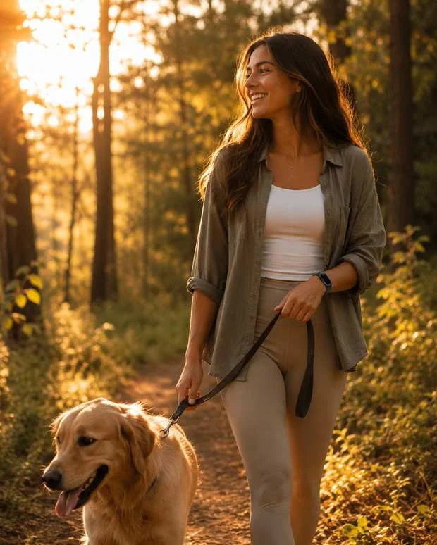 Frau mit Hund im Wald – MosquitoGuard am Handgelenk